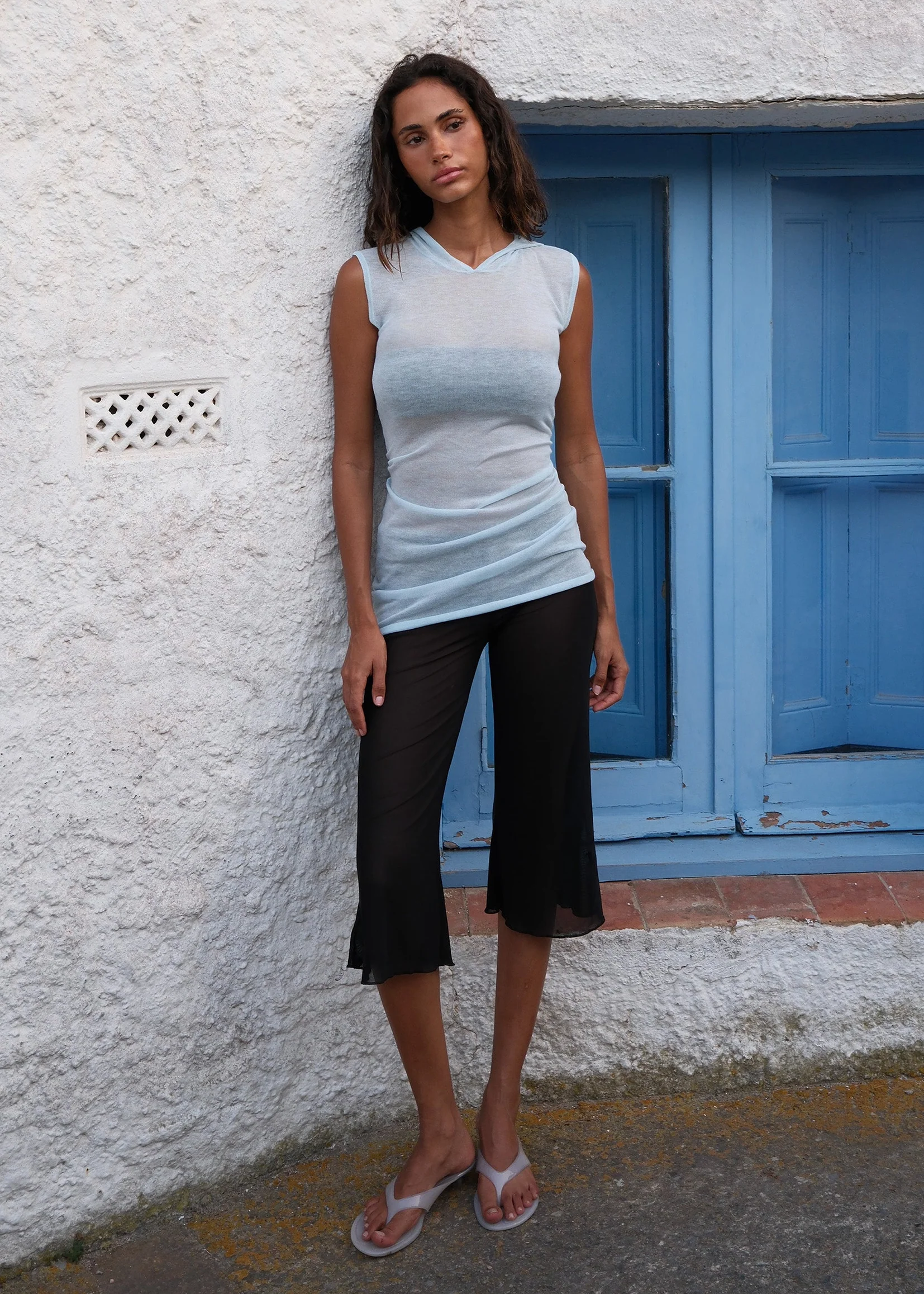 KNIT HOODED DRESS - BLUE
