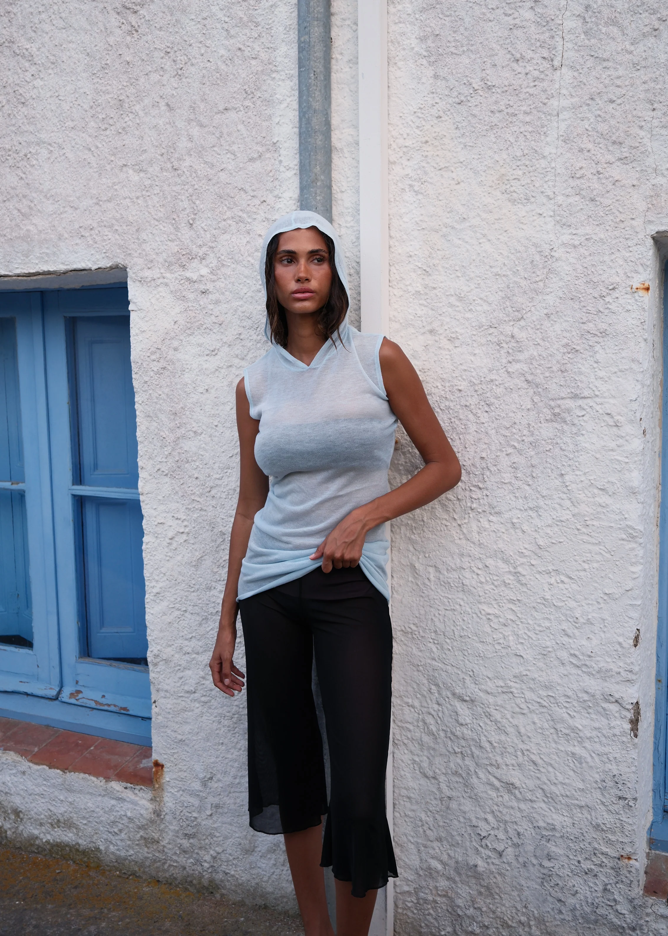 KNIT HOODED DRESS - BLUE - Image 5