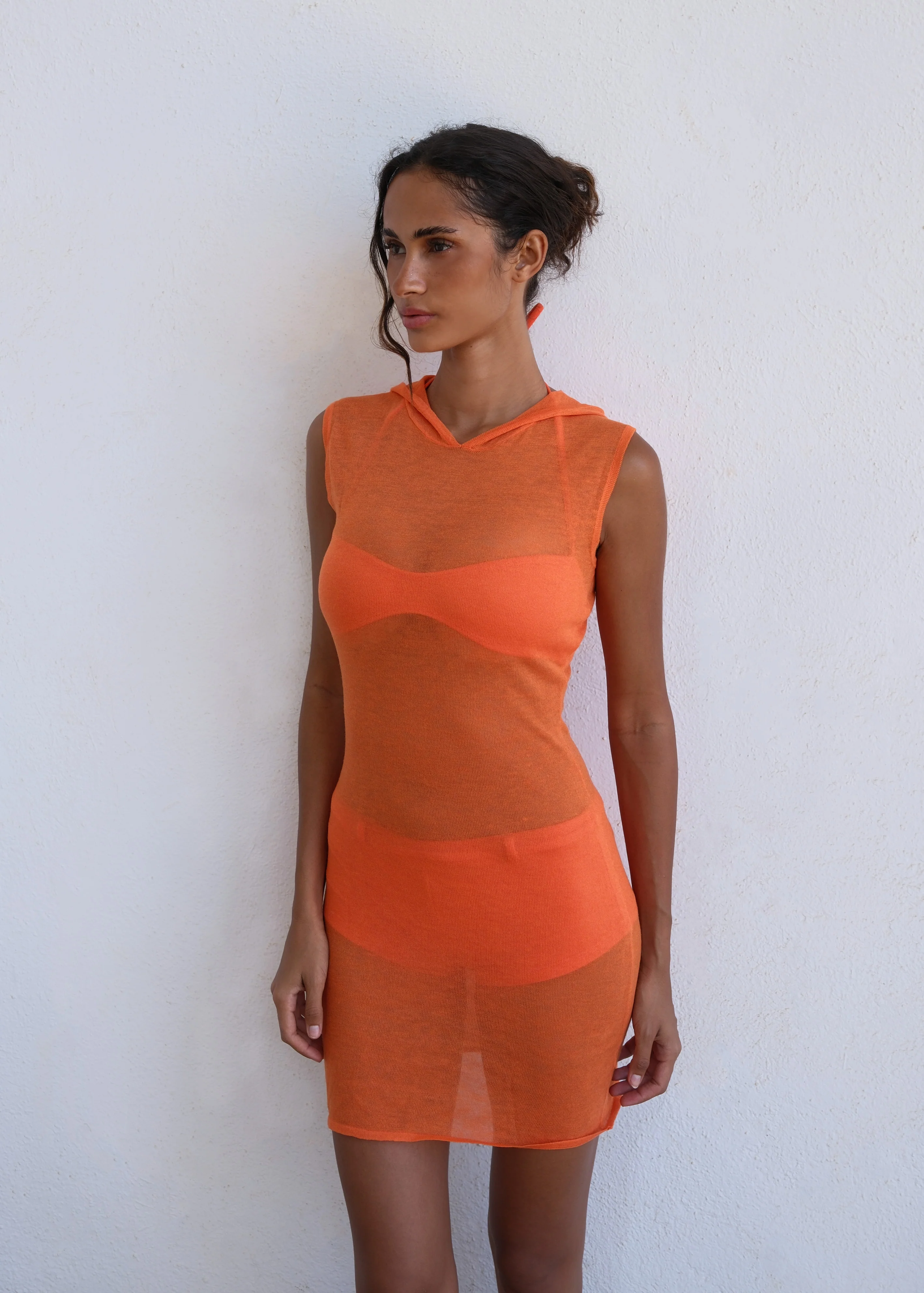 KNIT HOODED DRESS - ORANGE - Image 2