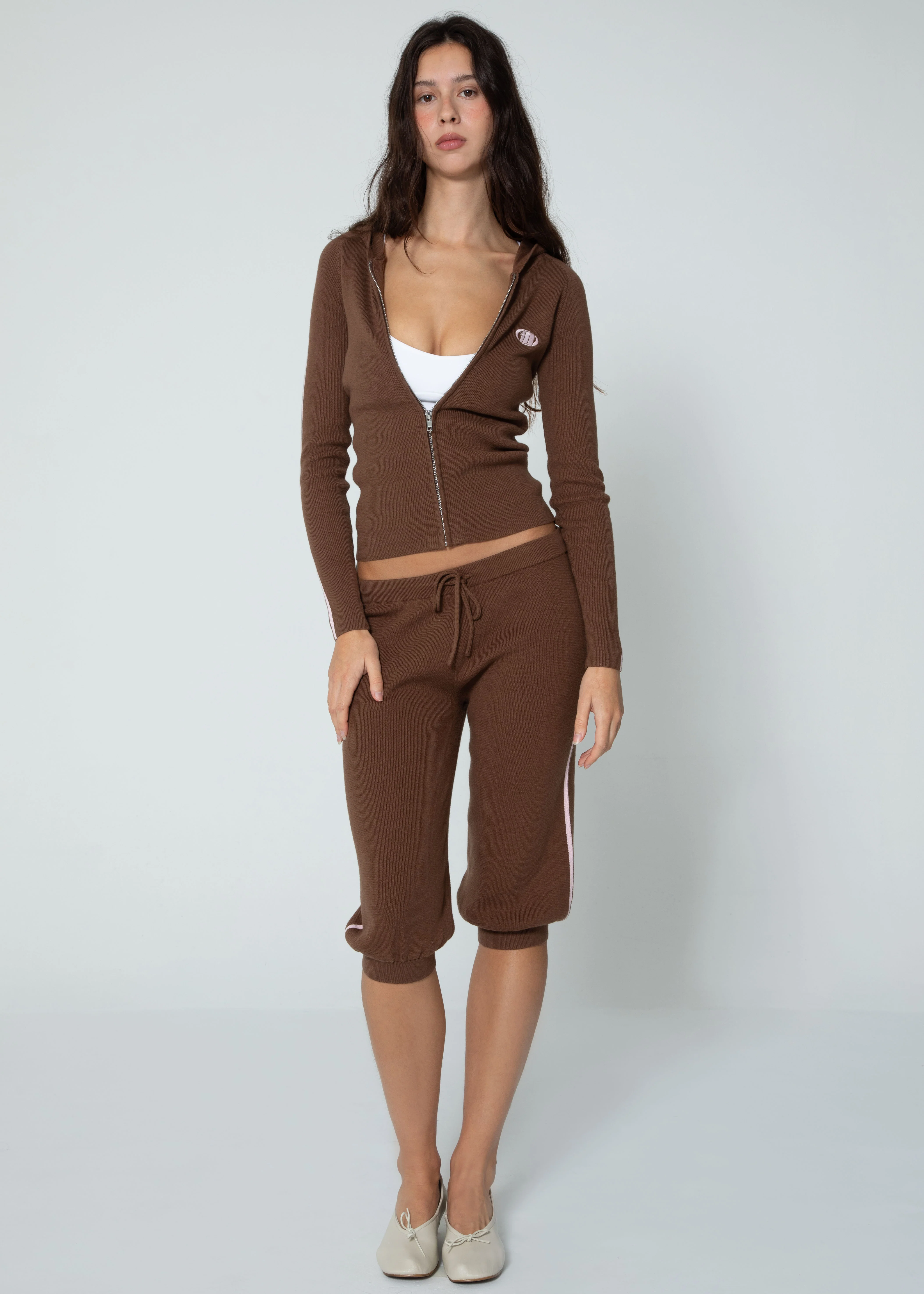 ZIP UP KNIT HOODIE - BROWN - Image 2