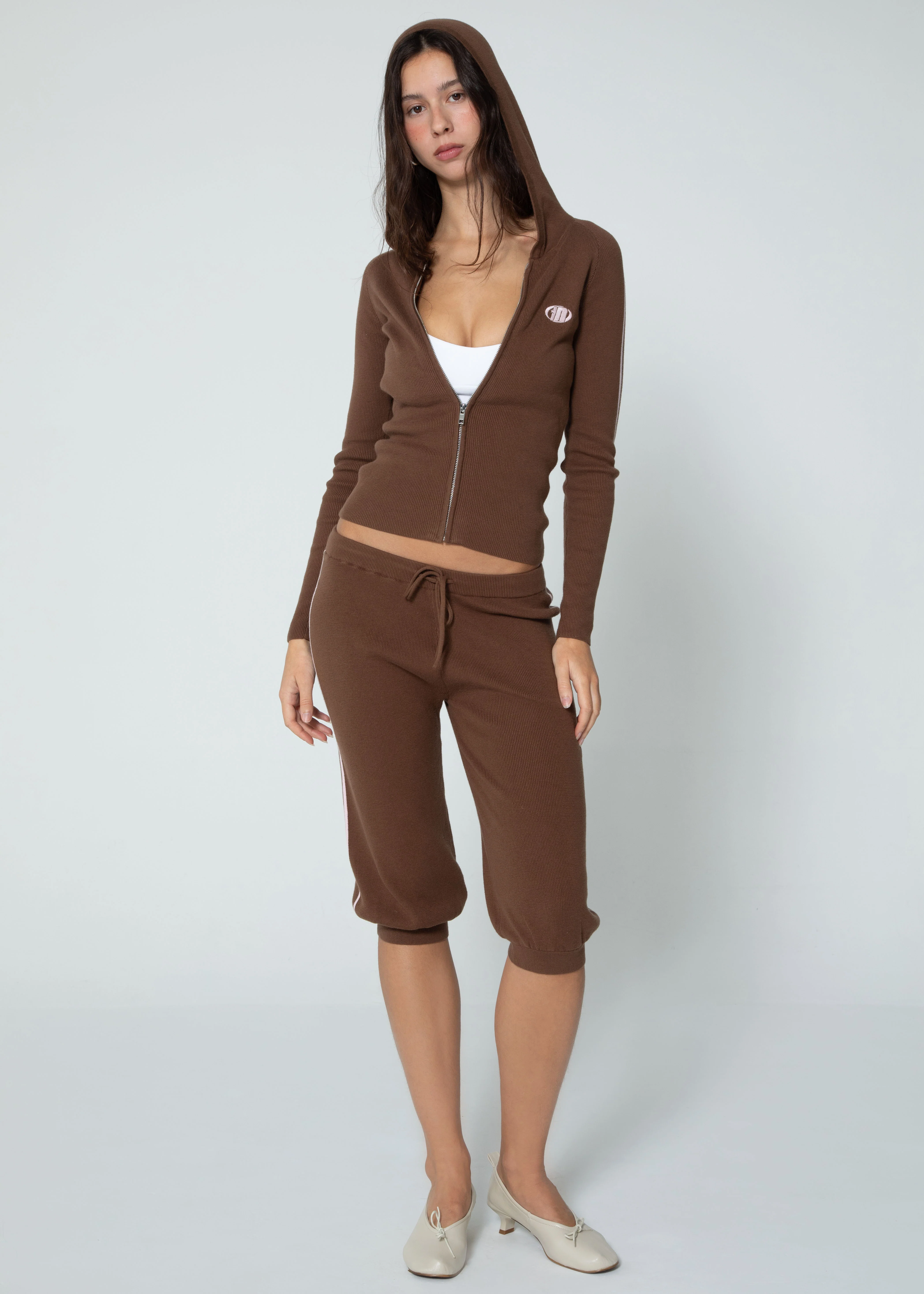ZIP UP KNIT HOODIE - BROWN - Image 3